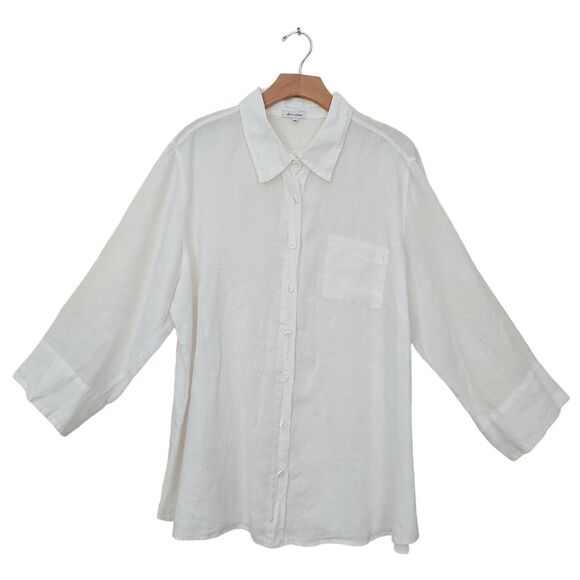 Allen Allen Linen Shirt Womens 1X White Button Up Roll Tab Sleeve Coastal - Picture 1 of 12